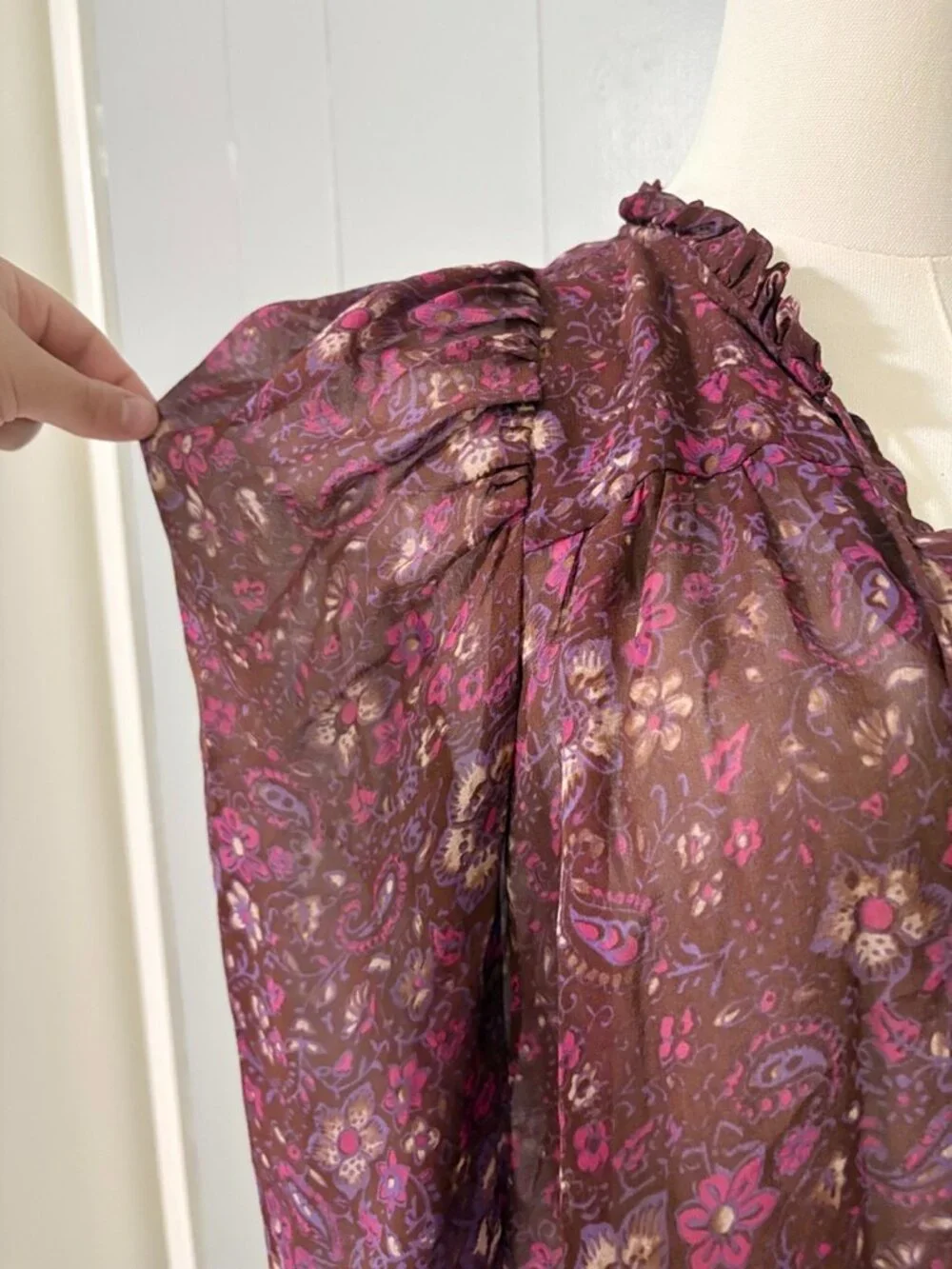 Ulla Johnson Renly Blouse Sumac Floral Paisley 100% Silk Sz 0 Ruffle Puff Sleeve